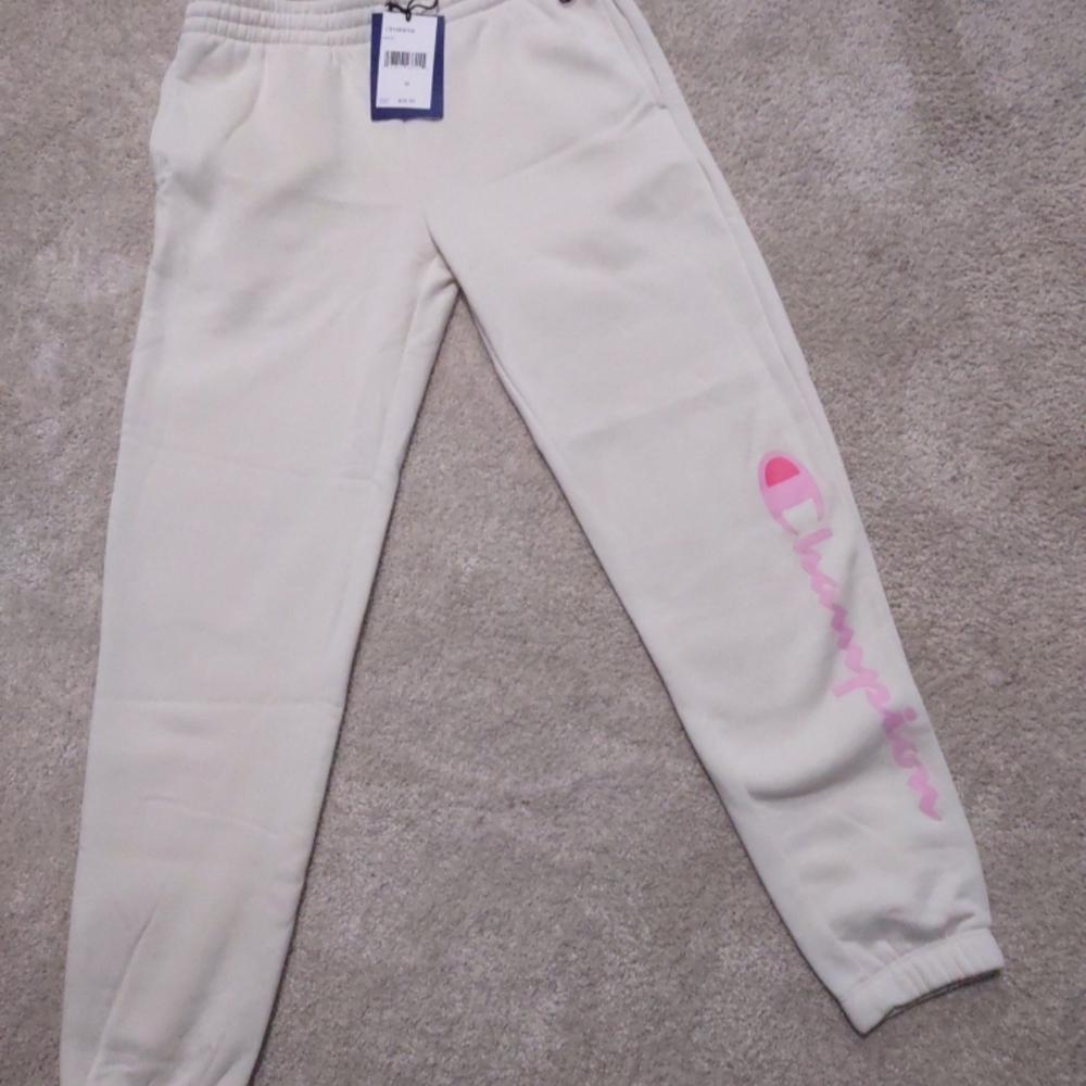 Champion Kids Cream Sweatpants with Pink Logo